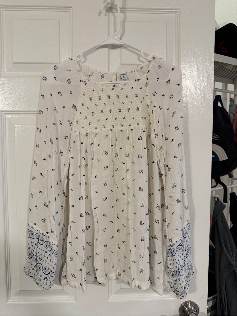 Old Navy Cream Blouse with Blue Floral Print